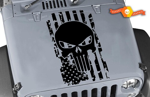 American Distressed Flag Punisher Skull Sticker Decal Jeep Wrangler USA Hood Sticker Decal