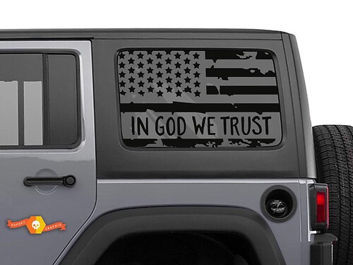 2x Jeep Hardtop Flag Sticker Decal - In GOD We Trust - USA American Wrangler Window