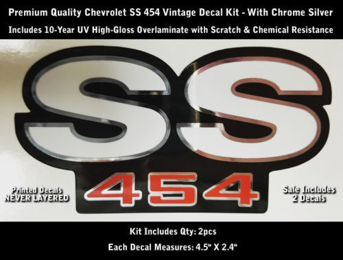SS 454 Sticker Decal Kit 2pcs Camaro Chevrolet Chrome Outlines 4.5