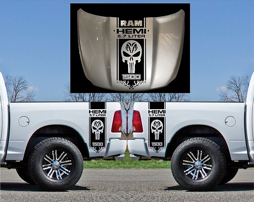 3X Dodge Hemi 5.7 liter Ram bed side and hood Vinyl Stickers Decals graphics kit stripe
