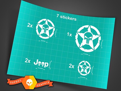 7x Jeep Punisher STAR Decal stickers hood door fender TJ JK CJ YJ JL rubicon