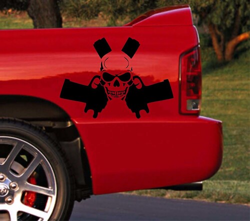 Truck car vinyl Sticker Decal racing stripe Dodge Ram rear bed skull logo gun both sides