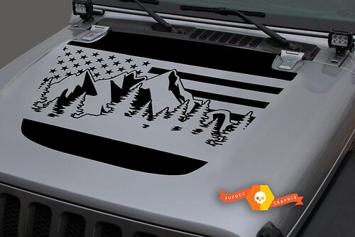  Hood Vinyl Forest Mountains USA Flag Blackout Decal Sticker for 18-19 Jeep Wrangler JL #1