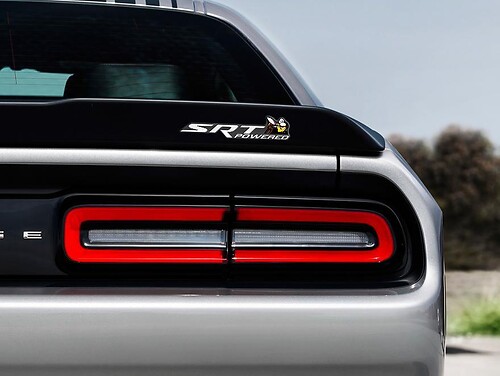 Scat Pack Challenger or Charger SRT Powered badge emblem domed Sticker Decal Dodge White color Grey Background Scatpack