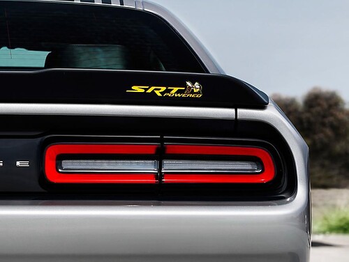Scat Pack Challenger or Charger SRT Powered badge emblem domed Sticker Decal Dodge Yellow color Black Background with Red shadows