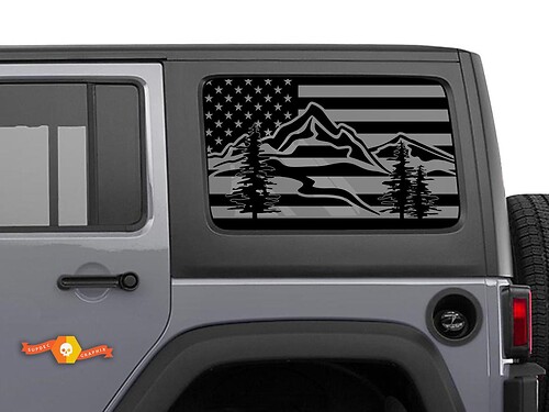 Jeep Wrangler Rubicon Hardtop USA Flag Mountains Forest Windshield Sticker Decal JKU JLU 2007-2019 or Tacoma 4Runner Tundra  Charger Challenger - 2