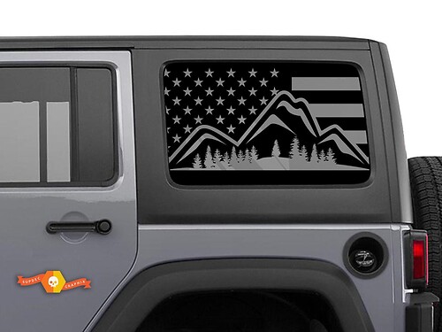 Jeep Wrangler Rubicon Hardtop USA Flag Mountains Forest Windshield Sticker Decal JKU JLU 2007-2019 or Tacoma 4Runner Tundra Charger Challenger - 9