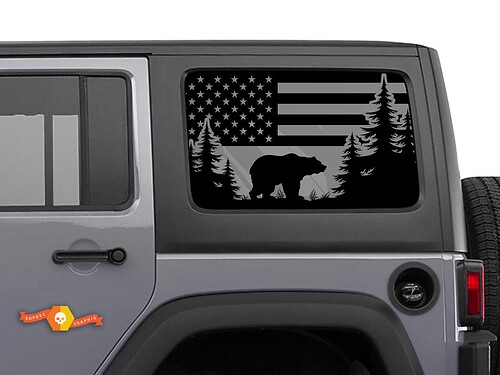 Jeep Wrangler Rubicon Hardtop USA Flag Bear Forest Windshield Sticker Decal JKU JLU 2007-2019 or Tacoma 4Runner Tundra Charger Challenger - 12