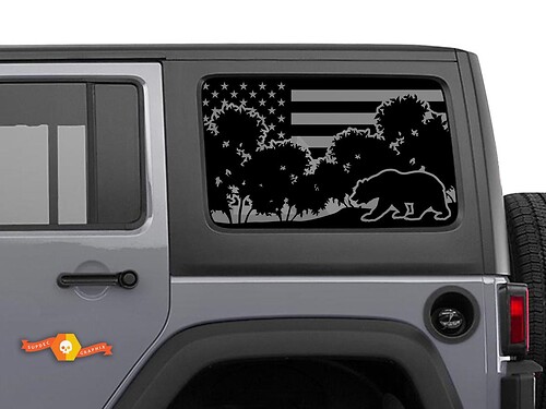 Jeep Wrangler Rubicon Hardtop USA Flag Bear Forest Windshield Sticker Decal JKU JLU 2007-2019 or Tacoma 4Runner Tundra Charger Challenger - 17
