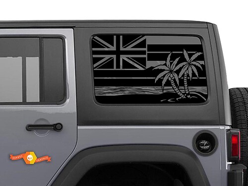Jeep Wrangler Rubicon Hardtop Flag Hawaii Palm trees Windshield Sticker Decal JKU JLU 2007-2019 or Tacoma 4Runner Tundra Charger Challenger - 48