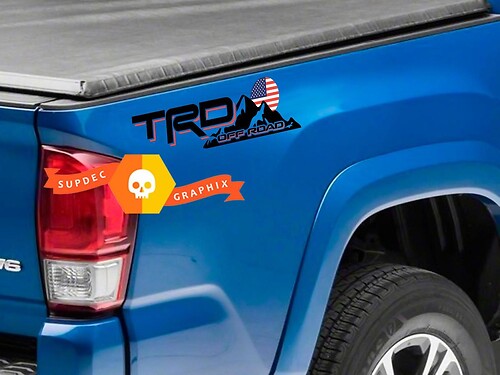 Pair of TRD Off Road Mountains USA Flag Sunset Style Bed Side Vinyl Stickers Decal Toyota Tacoma Tundra FJ Cruiser