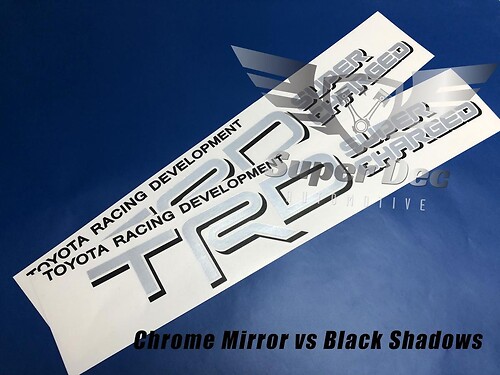 Pair of TRD Super Charged Silver Chrome Mirror with Black Shadows Toyota Racing Development bed side Truck Stickers Decals