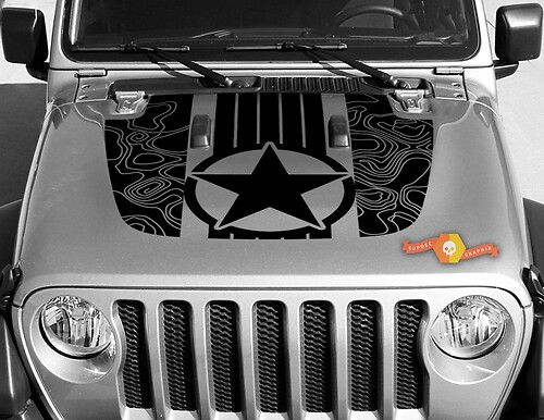 Jeep Gladiator JT Wrangler Military Star stripes Topographic Map JL JLU Hood style Vinyl decal sticker Graphics kit for 2018-2021
