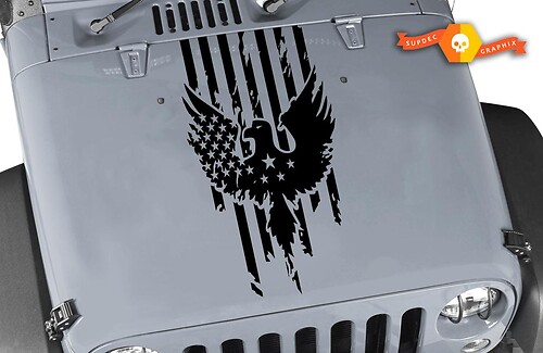 Jeep Wrangler Distressed American Flag w Eagle Blackout Hood Vinyl Sticker Decal