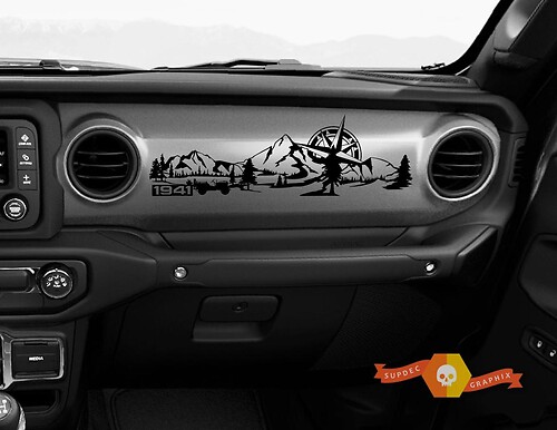 Jeep JL JLU Gladiator Wrangler Dashboard Mountain 1941 Willys with Compass Scene Vinyl Sticker Decal