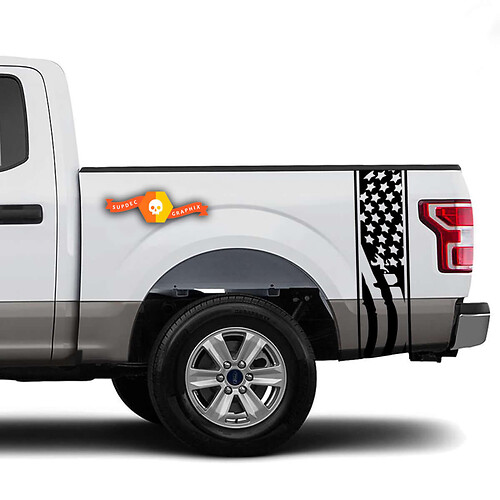 Waving USA flag racer Bed Side Stripes Truck Stickers Decals - Fits Ram Chevy Ford Jeep Gladiator