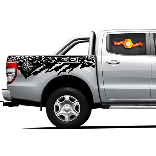 2 X Ranger Raptor Destroyed Tire Tracks bed side Vinyl Stickers Decals New