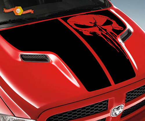 Dodge 2010 2018 fits Ram 1500 2500 Rebel Punisher Skull Rebel Hood Logo Truck Vinyl Sticker Decal Graphic Pick Up Pickup