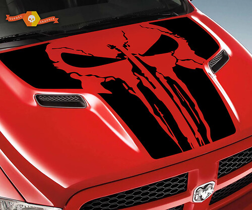 Dodge 2010 2018 fits Ram 1500 2500 Large Punisher Skull Grunge Hood Logo Truck Vinyl Sticker Decal Graphic Pick Up Pickup